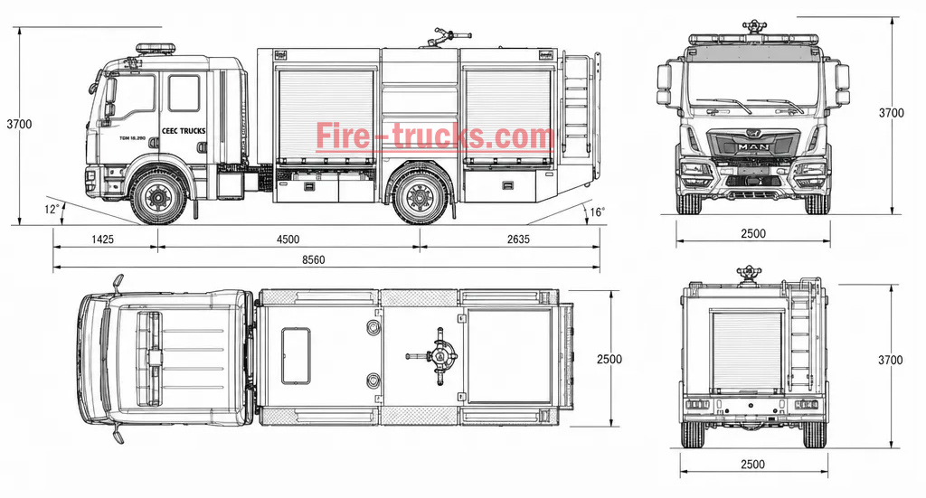 MAN TGM 4x4 Foam Fire Truck 5000L Water Foam Truck CAD Drawing for Factory Fire Fighting Philippines